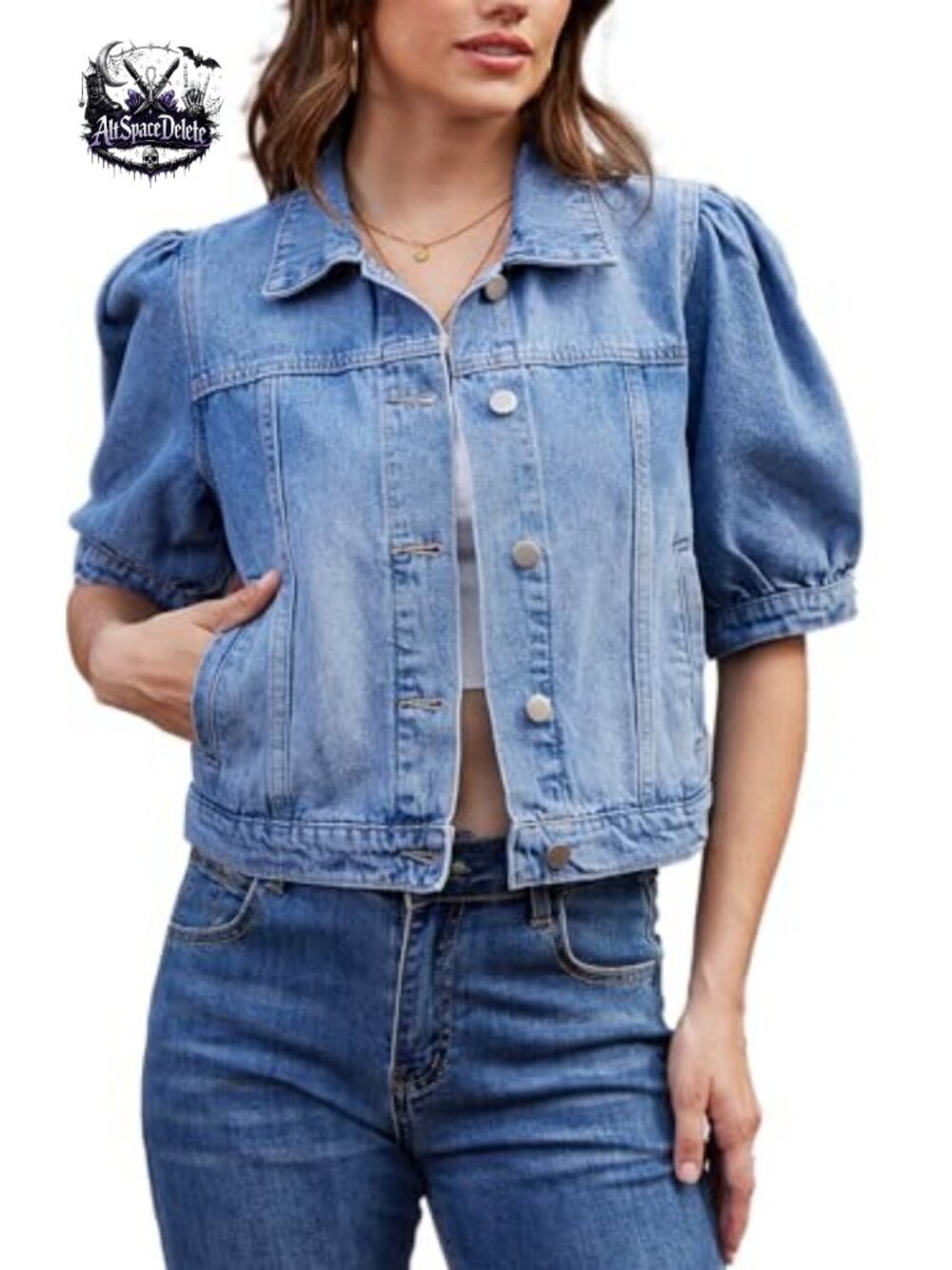 Womens Cropped Denim Jacket Puff Short Sleeve Cotton Button Up